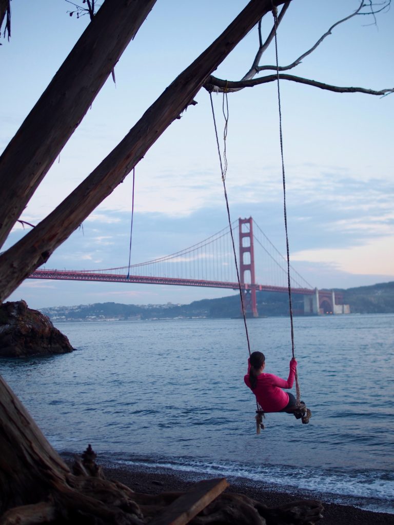 Kirby Cove Swing, San Francisco on the Beach by the Golden Gate Bridge. 