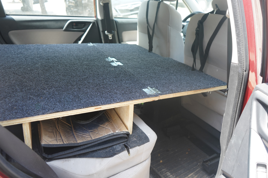 Subaru Forester camper conversion with hinged platform 