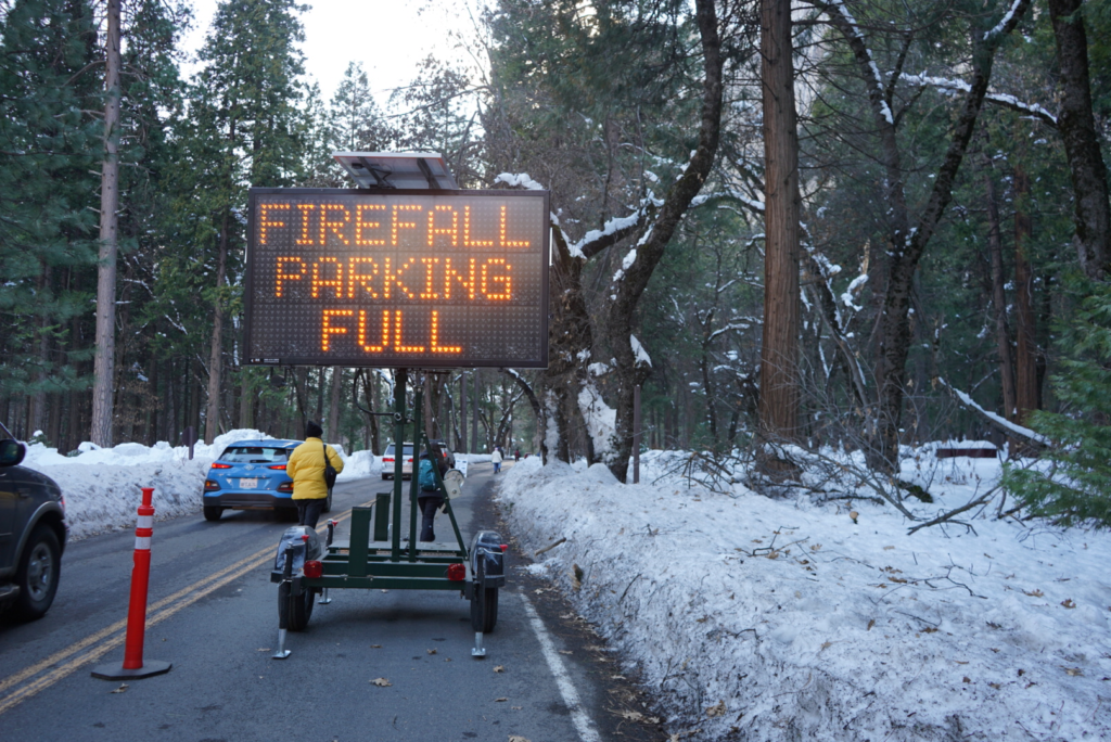 Yosemite Firefall 2019 parking lot full sign 