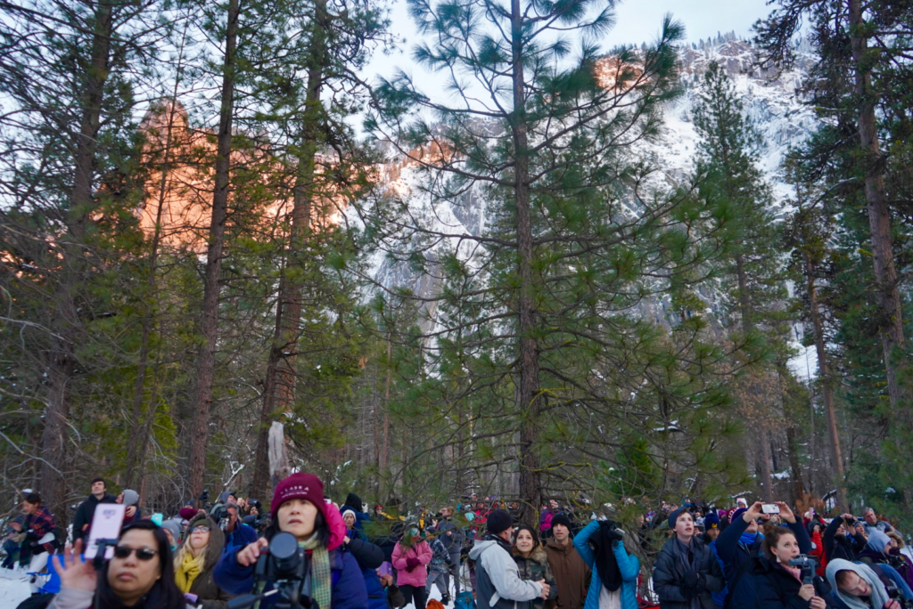 Yosemite Firefall 2019 crowds at Horsetail Falls near El Capitan Meadow 