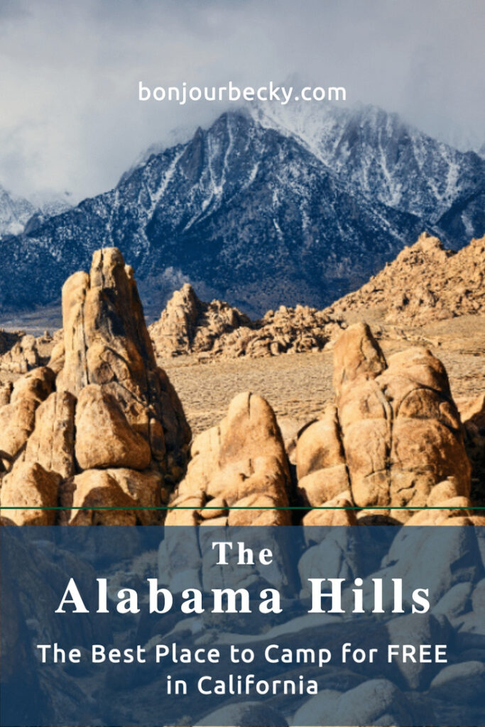 Image of the Alabama Hills with text overlay saying "The Alabama Hills - The Best Place to Camp For Free in California"