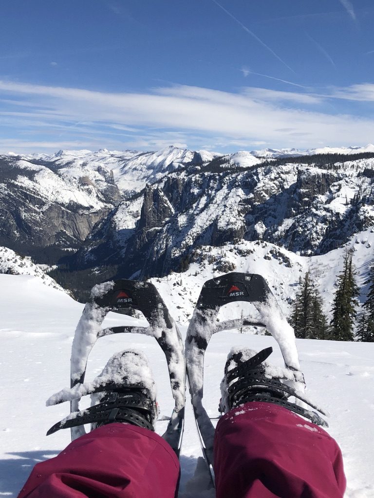 Snowshoeing to Dewey Point in Yosemite National Park with my MSR snowshoes. You can also rent snowshoes at the trailhead.
