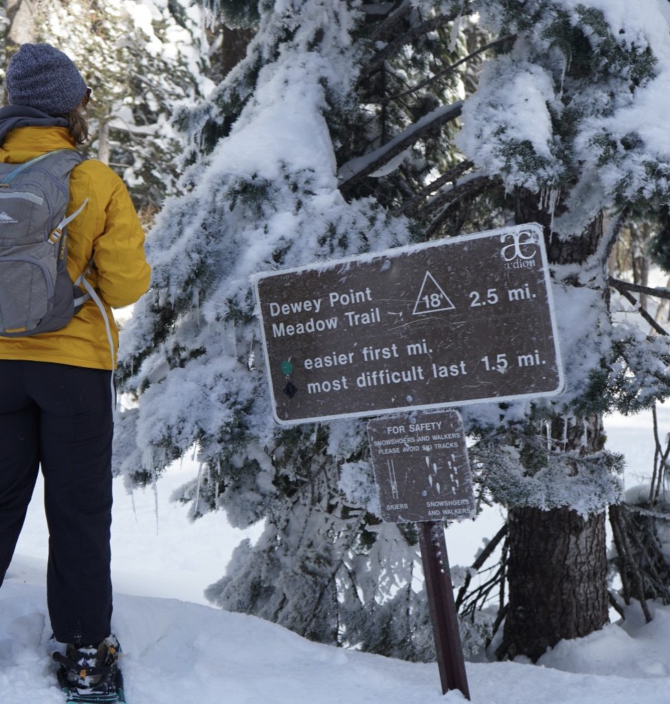 Snowshoeing to Dewey Point in Yosemite National Park via the Meadow Trail. The Ridge Trail also goes to Dewey Point but is steeper.